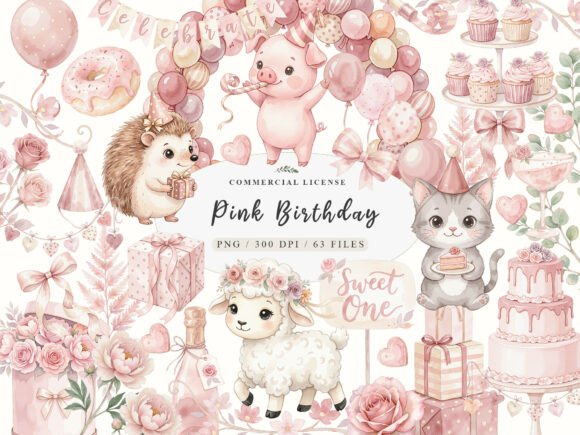 Download Watercolor Pink Birthday Clipart Bundle - Birthday clipart Collection